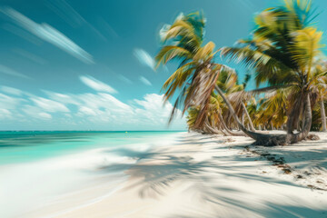 A white beach with palm trees and sand beside the water creates a bokeh panorama with swirling colors, fluid and flowing lines in turquoise.