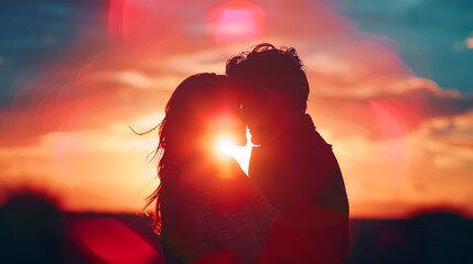 silhouette Romantic couple lovers  hug and  kiss  at colorful sunset on background  love concept : Generative AI