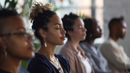 group of men and women participating in a meditation session in a mental wellness program for mindfulness in life. Generative AI