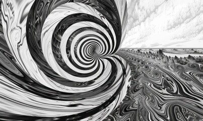 A black and white swirl fractal spiral represents experimental soundscapes, circuitry, and digital art.