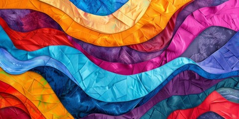 Layers of bright colored stripes form a colorful abstract background, inspired by mosaics, flowing fabrics, faceted forms, and a naturalistic color palette.