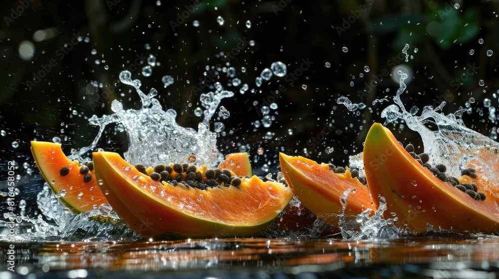 Poster colorful papaya boats creating dynamic water splashes and intriguing patterns in dark environment