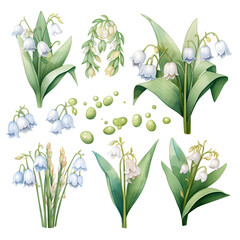 Watercolor stickers set clipart soft blue lily flower