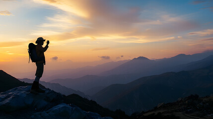 Side view silhouette of unrecognizable male hiker standing on mountainous hill against sunset sky while taking photograph of nature using smartphone at nevado volcano in toluca mexico : Generative AI