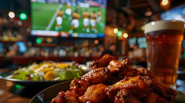 Watching the soccer game on television at a local sports bar or pub soccer ball spicy chicken wings