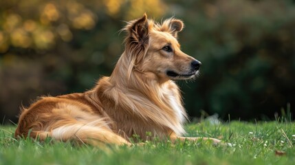 Naklejka premium Canine with Fluffy Tail Watches Over the Lawn