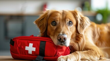 Golden Retriever with First Aid Emergency Pet Care Kit in Red Cross Bag