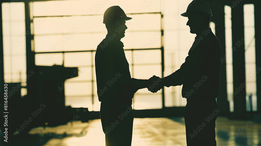 Poster handshake of two men a businessman and a simple worker hiring horizontal silhouette : generative ai