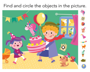 Find hidden objects. Game for children. Birthday party. Cute cartoon characters. Vector illustration. 
