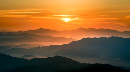 Fototapeta premium Amazing silhouettes of a mountains at colorful sunset in summer in Slovenia Landscape with mountain ridges in fog golden sunlight and clouds in the evening Nature Hills in sunlight Sce : Generative AI
