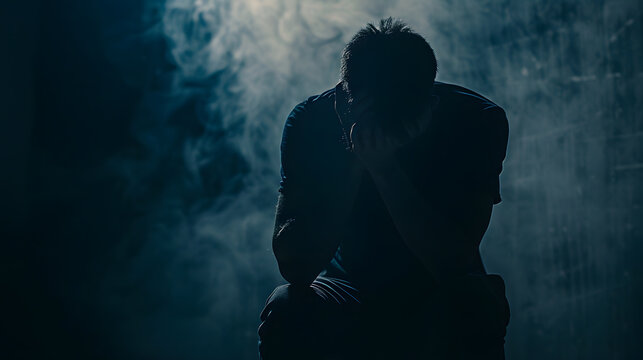 Serious sad man in dark Depressed anxious person suffer from trauma solitude or drug addiction Homeless outcast with shame after mistake Dramatic moody silhouette with melancholy grief : Generative AI
