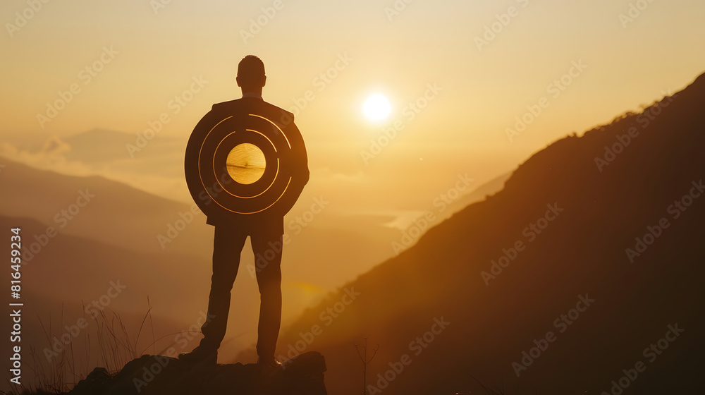 Poster silhouette of businessman holding a target board on top of mountain concept of aim and objective ach