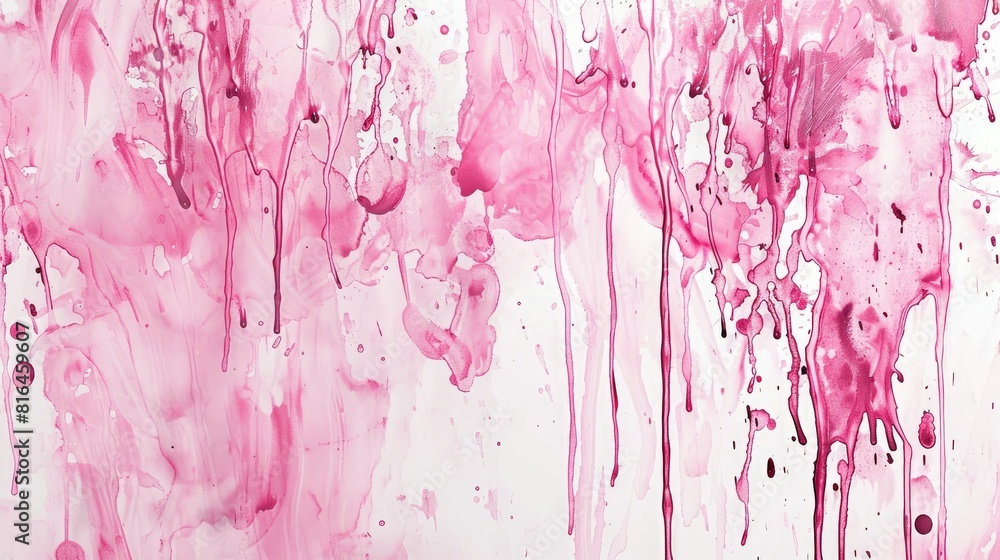 Poster abstract pink paint drips and splatters on white paper background with natural shapes and patterns