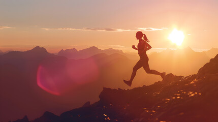 Running woman athlete sport concept Trail runner exercising in mountain summit background Female runner on run training outdoors living active fit lifestyle Silhouette at sunset : Generative AI