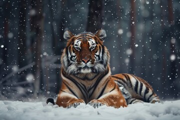 Obraz premium Siberian tiger in the snow, winter forest background with falling snowflakes
