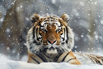 Siberian tiger in the snow, winter forest background with falling snowflakes