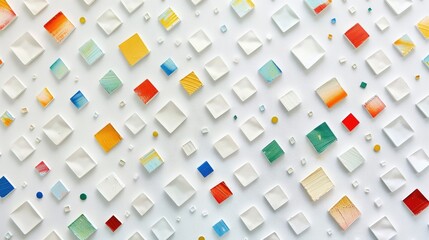 Pattern of white and colorful patches on a white backdrop