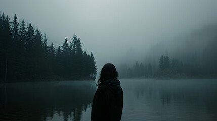 A lonely womans silhouette among the dark trees in the fog in front of a misty lake in the forest : Generative AI