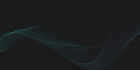 Banner with wavy lines, abstract background. Blue abstract wave thin curved lines isolated on black background.