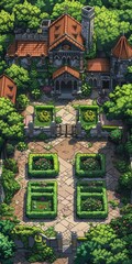 Fototapeta premium Serene pixel art garden scene with a cozy house in the distance generative ai