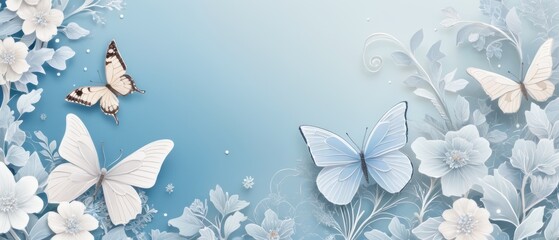 Butterflies flutter among morning blooms, creating a dreamy atmosphere. Depict frosty patterns on flowers and leaves with a cool palette. Background: soft, frosty blue with subtle snowflakes.