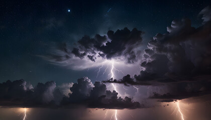 Naklejka premium Strong thunderstorms light up the night sky like volt lightning. Generative Ai 