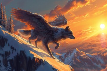 winged wolf in the sunset
