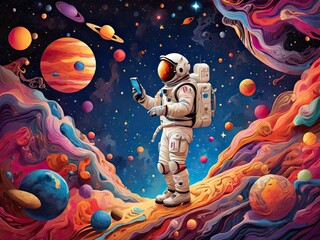 A lone female astronaut adrift in the darkness of space, her spacesuit the only light against the inky void