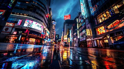 A city street at night with a lot of neon signs and a lot of rain