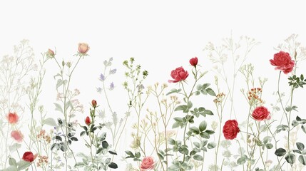 Hand drawing style with natural scattering of roses and leaves