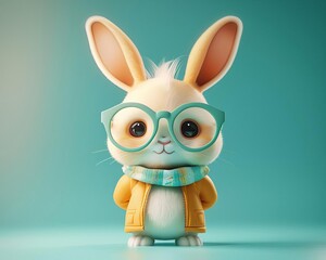 Cute cartoon rabbit with glasses, dressed in a scarf, standing on the ground, full body shot, solid color background.