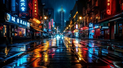 A city street at night with cars and buildings