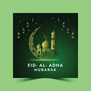 Eid al Adha Mubarak Islamic festival social media banner design , Islamic background with beautiful mosque, stars, moon Creative ads for social media , banner, poster, greeting card, generative ai