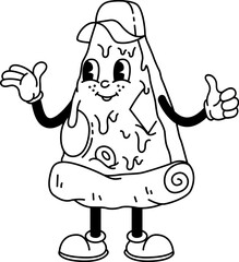 Cartoon pizza mascot. Pizza with Melted cheese Cartoon Icon. Design element for emblem, poster, icon, menu. Vector illustration