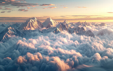 Beautiful mountain peaks in the clouds, a panoramic view of snowcapped mountains with a golden...