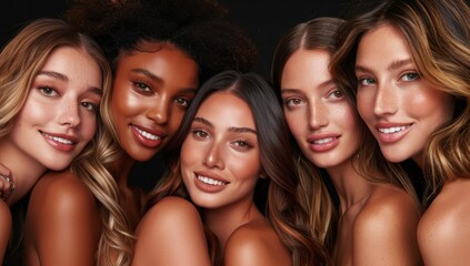 5 women of different ethnicities, ages and skin colors with beautiful smooth clear facial features centered around each other