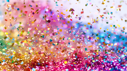 Close-up of vivid rainbow confetti and glitter spreading down on a white background with copy space for text. Background design for the Pride month festival or a creativity idea.