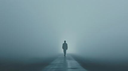 Man walking away on misty road : Generative AI - Powered by Adobe