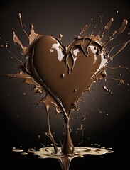 Chocolate heart with chocolate splash on dark background
