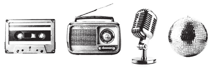 retro radio, cassette, mic, disco ball stipple effect. design elements © Sunil