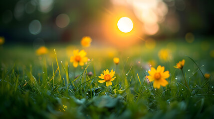 Blurred background of a beautiful meadow with green grass and yellow flowers at sunset. A beautiful nature landscape with space for copy