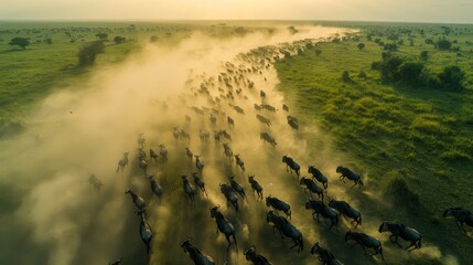 An aerial view of a wildebeest migration, showing the grand scale of the herd moving like a living river across the Serengeti, dust clouds forming a natural trail in their wake. Created Using: drone