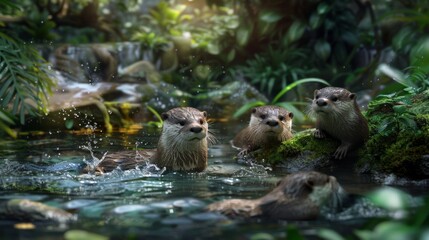 A family of otters frolicking in a shallow, bubbling stream, surrounded by dense green foliage and moss-covered stones. The scene captures a moment of joy and playfulness. Created Using: realistic