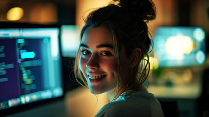 Naklejka premium portrait cheerfully of programmer in office, background, advertising