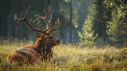 An elk resting in a meadow full of grass