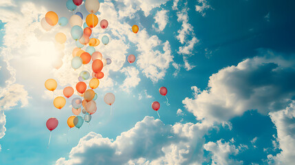 Colorful balloons flying in the sky with sunlight and clouds, birthday party concept background, copy space for text or design, summer vacation concept