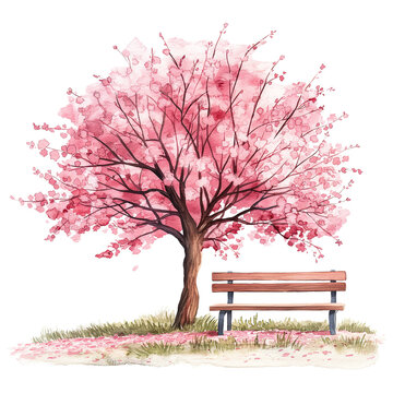 watercolor hand drawn pink cherry tree and bench isolated on transparent background.
