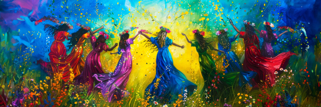 Girls wearing traditional wreath and flower crowns, dancing joyously in a field , Festive banner for Saint John's Festival (Ivana kupala)