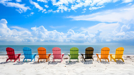Colorful beach chairs on the white sand at the ocean on a sunny day. A beautiful summer vacation background in the style of copy space for text or design