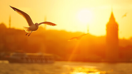 Fototapeta premium Seagull fliying near Maidens Tower in Istanbul at sunset Turkey : Generative AI